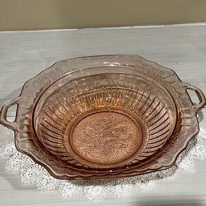 Vintage Pink Depression Glass Handled Bowl  Floral Design
